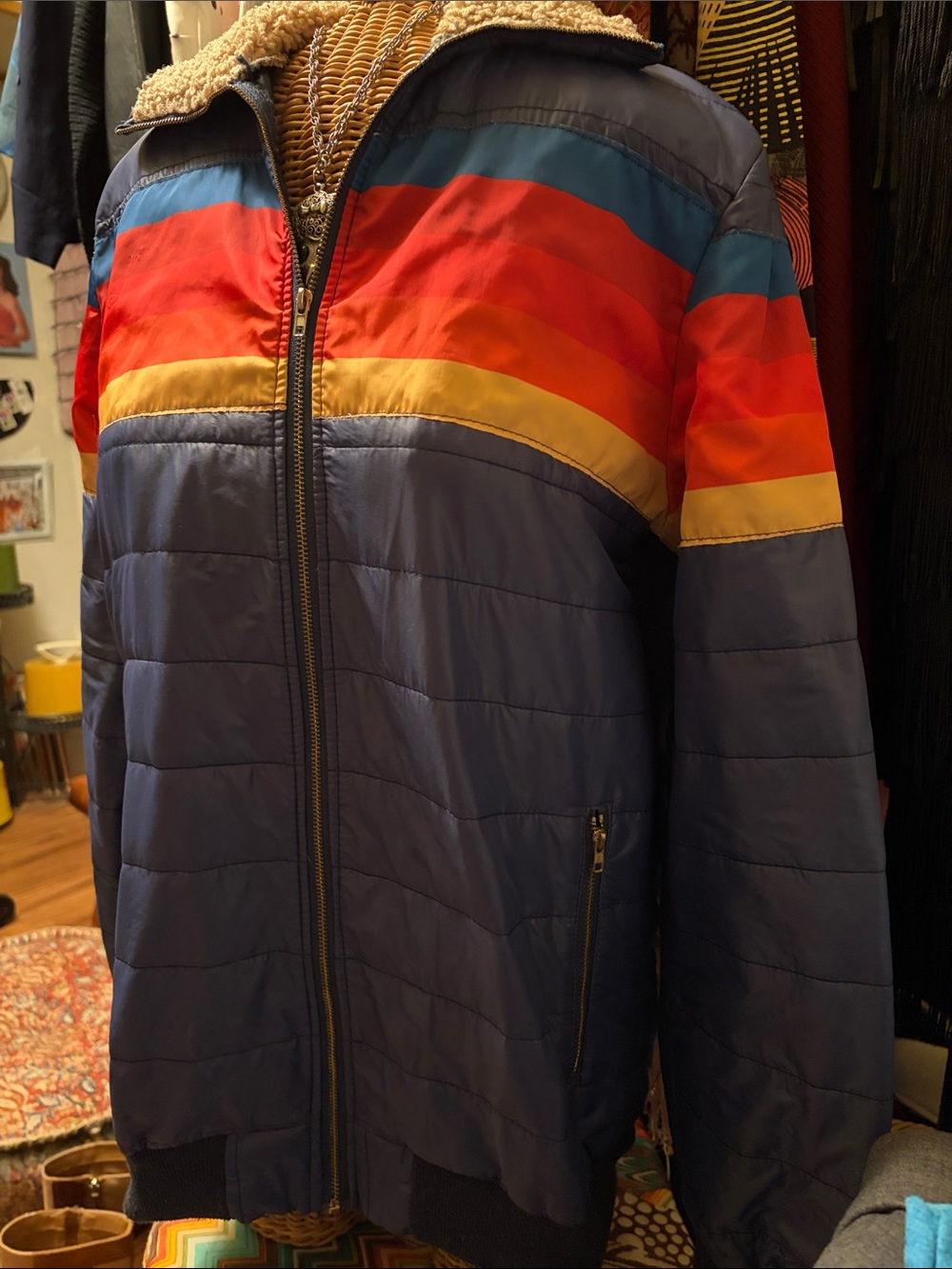 Navy Puffer Jacket with Multicolor Rainbow Stripe Detail